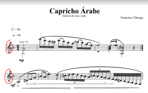 Trecho de Capricho Árabe com a clave de sol destacada