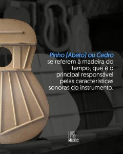 Close de tampos de violão com explicação sobre as duas madeiras