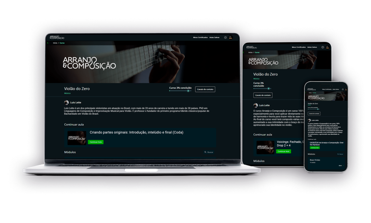 Curso Arranjo e Composição exibido em computador, tablet e celular