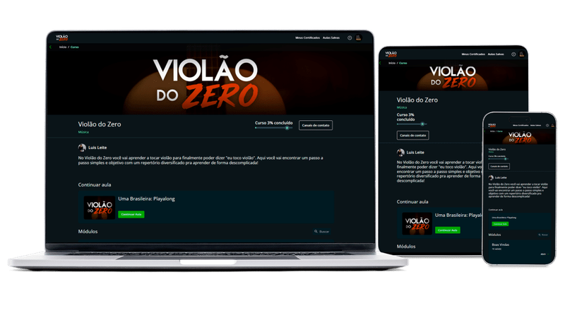 Curso Violão do Zero exibido em computador, tablet e celular