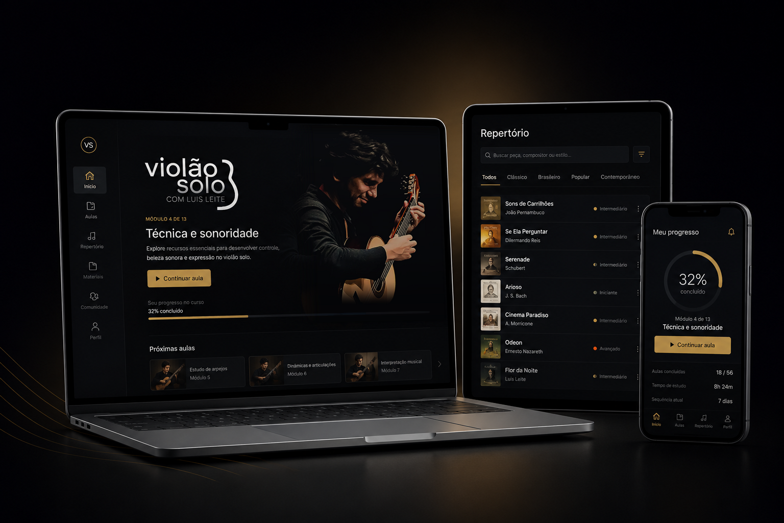 Área de membros do Violão Solo em computador, tablet e celular